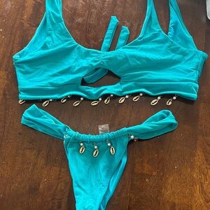 Teal Bikini Set with Shell Charm Trim